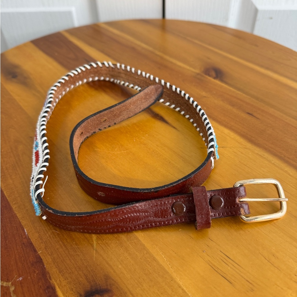 Vintage red leather belt hand beaded Aztec thunderbird size 28